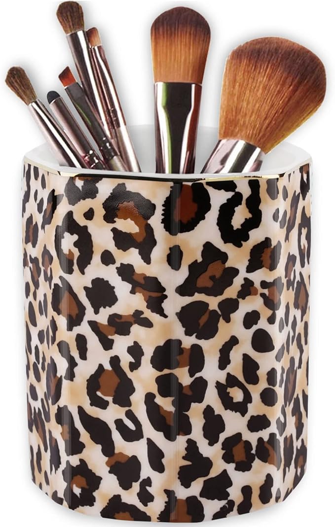 Jwest Pen Holder, Makeup Brush Holder Ceramic Shiny Gold Leopard Cheetah by Jwest