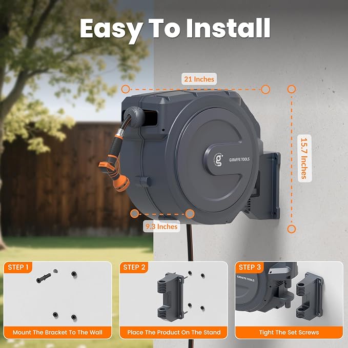 Giraffe Tools AW30 Wall Mounted 1/2" x 100 ft Garden Hose Reel, Retractable - Image 7