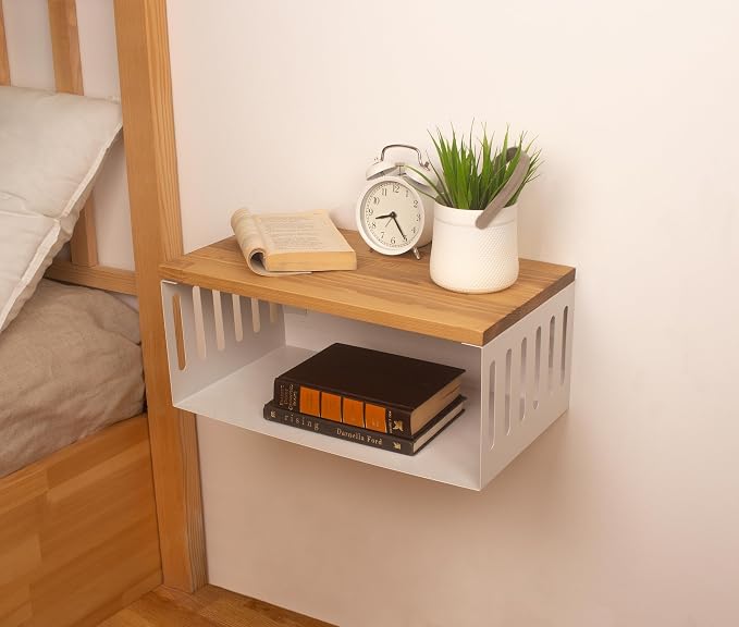 Floating Nightstand with White Metal Base, Wooden Top and Sturdy Metal Base - Image 3