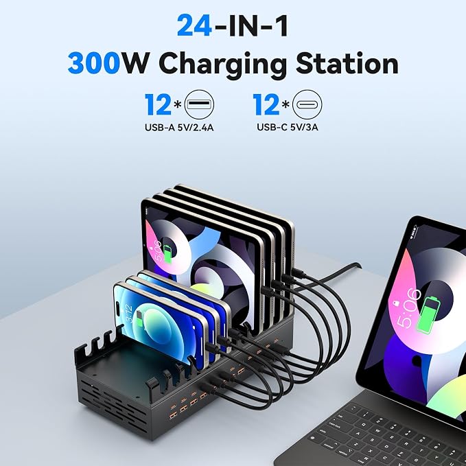 300W Charging Station for Multiple Devices, ALI SEA 24 Port USB C Fast Charging - Image 2