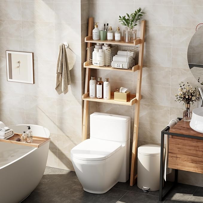Over The Toilet Storage Shelf Wood, 3-Tier Above Toilet Organizer Rack - Image 6