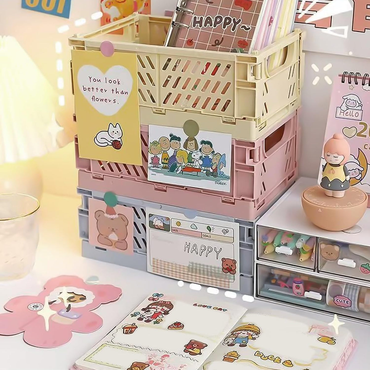 Mini Pastel Plastic Storage Bins 2Pcs Foldable Pastel Crates