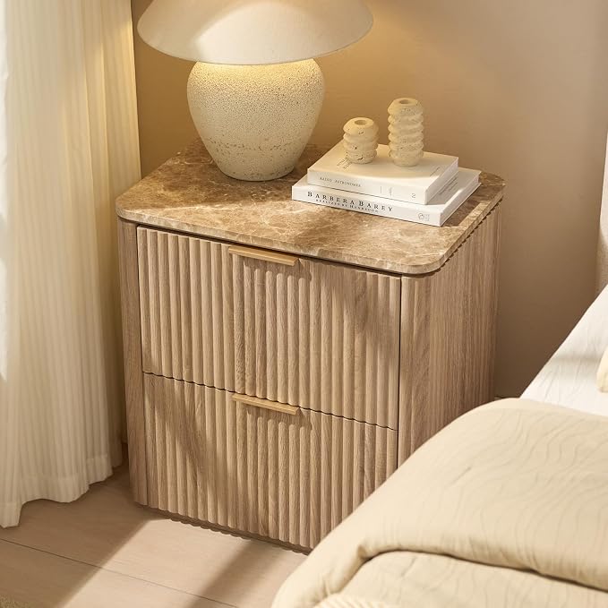 Fluted Nightstand with 2 Drawers, Bedside Table with Faux Marble-Top, - Image 5