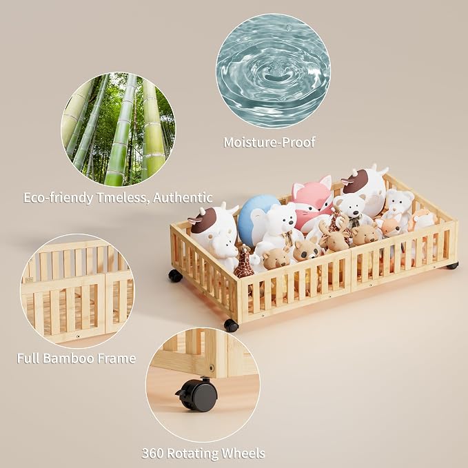 Bamboo Under Bed Storage with Wheels, Rolling Underbed Shoe Organizer Box - Image 3