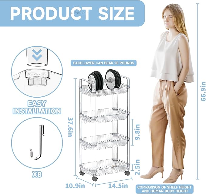 Yieach Clear 4 Tier Rolling Utility Cart - Image 2