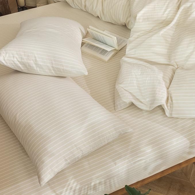 MooMee Bedding Pillowcases Striped Pack of 2 100% Washed Cotton Linen Like - Image 3