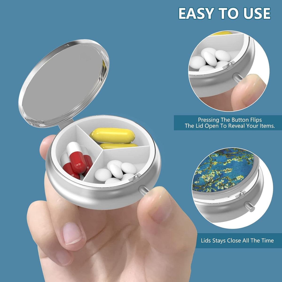 Pill Box 3 Compartment Small Pill Case Pill Organizer for Pocket or