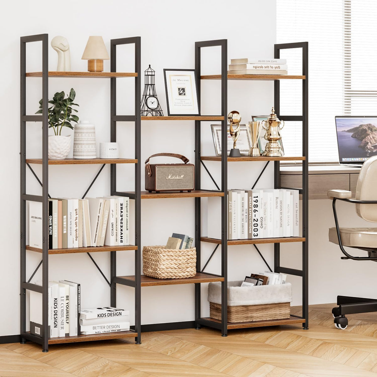 NUMENN Triple Column 4 Tier Bookshelf with 11 Adjustable Shelves