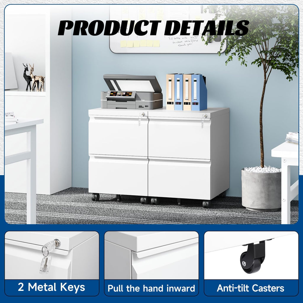 2 Drawers Vertical File Cabinet - Fully Assembled White Under Desk