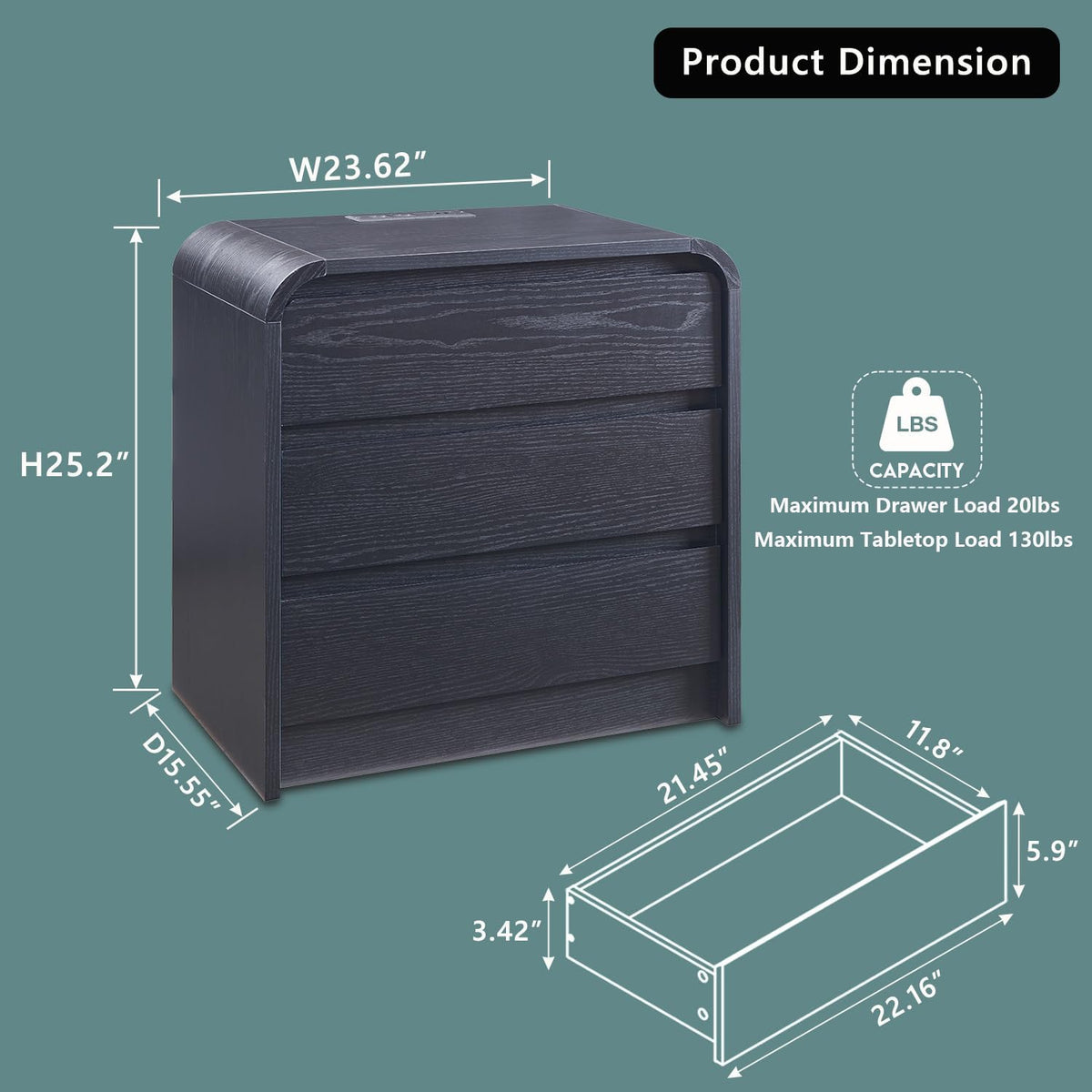 Aitjunz 25" Tall Modern Nightstand with Charging Station, 3 Drawers