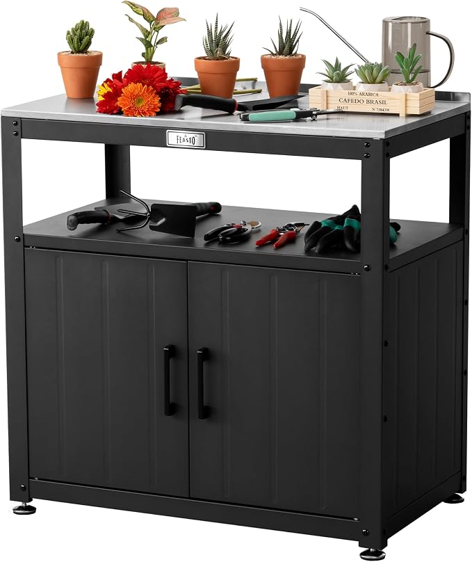 Garden Potting Bench with Storage Cabinet, Outdoor Gardening Table & Work Bench by Idealforcook
