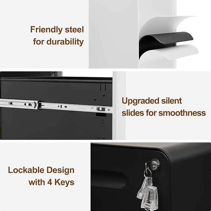 2 Drawer File Cabinet with Lock and 4 Keys, Mobile Metal Filing Cabinet - Image 5
