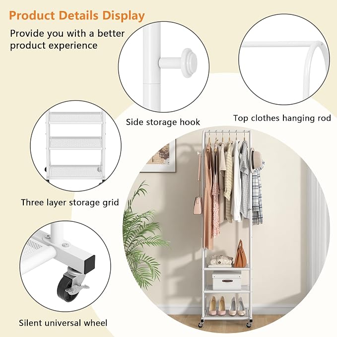 Heavy Duty Clothing Rack with Wheels, Modern Garment Rack with 3 Metal Shelves - Image 3