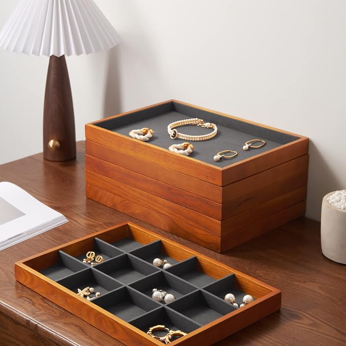 Oirlv Solid Wood Jewelry Tray Ring Earring Display Showcase Jewelry Organizer - Image 7