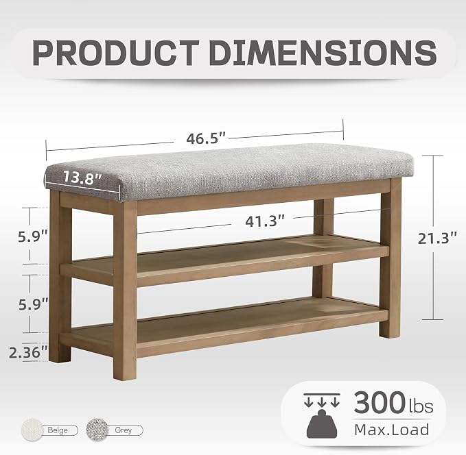Shoe Rack Bench with Cushion, 2 Tier Solid Wood Storage Bench, Mid-Century - Image 2