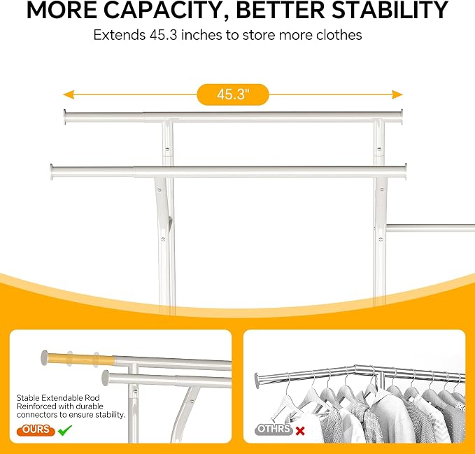 Homeiju Heavy Duty Clothes Rack Load 500LBS, Three Rods Clothing Racks - Image 4