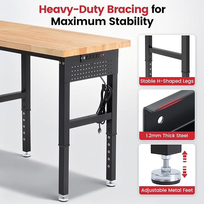 Workbench 84 Inch Heavy Duty Rubber Wood Top Work Bench Adjustable Height Work - Image 3