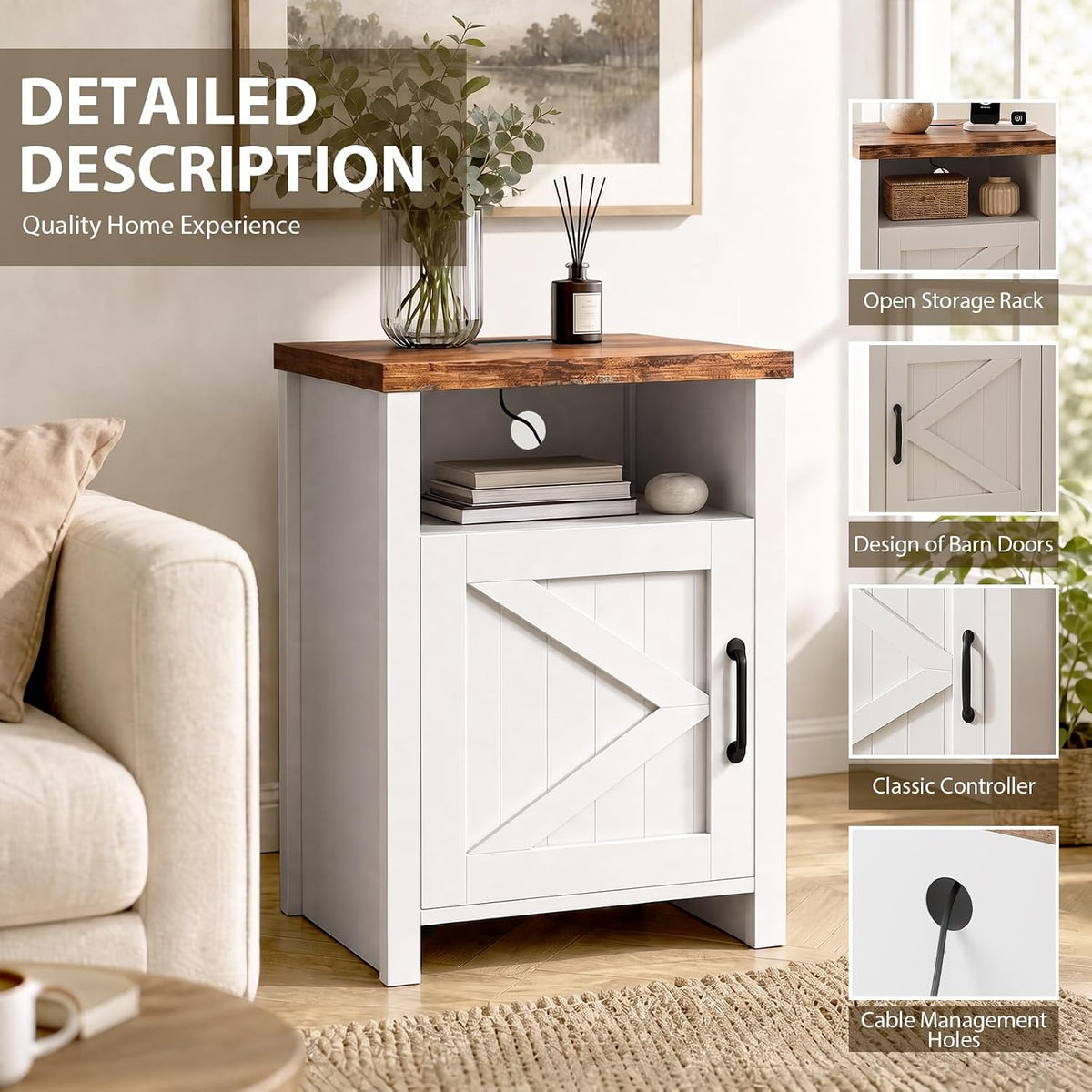 Farmhouse Nightstand with Charging Station, Couch Side Table Set of 2