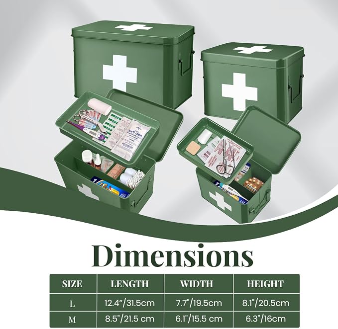 Flexzion First Aid Box Organizer Empty 13" Green Vintage First Aid Kit Tin - Image 7