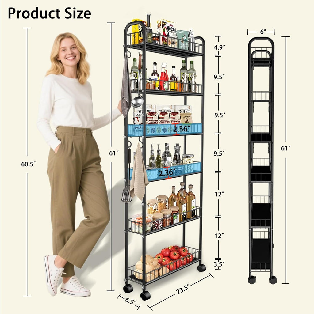 Slim Storage Cart with Wheels, Metal 6-Tier 6in Black Narrow Rolling