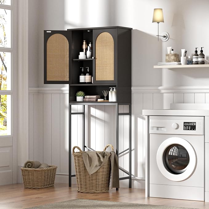 Rattan Toilet Storage Cabinet, Over The Rack Wood Cabinet - Image 6