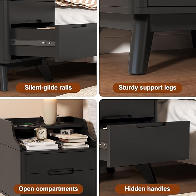 Nightstand with Charging Station, Wood Night Stand with Hidden Handle - Image 5