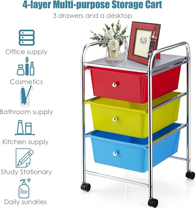 Giantex Rolling Cart with Drawers, Craft Organizer with Wheels, 3 Drawer - Image 8