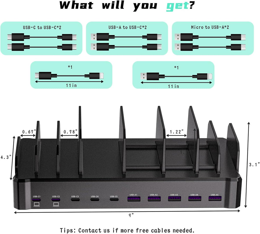 420W 10-Port Fast USB Charging Station for Multiple Devices, Black
