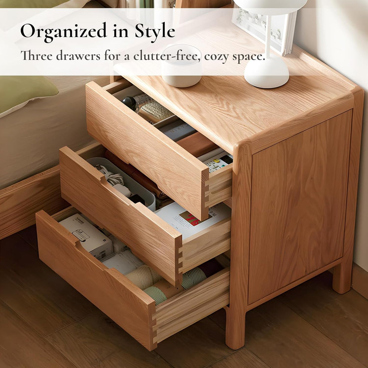 Nightstand, Solid Wood Small End Table w/3 Drawers, Modern Bedside