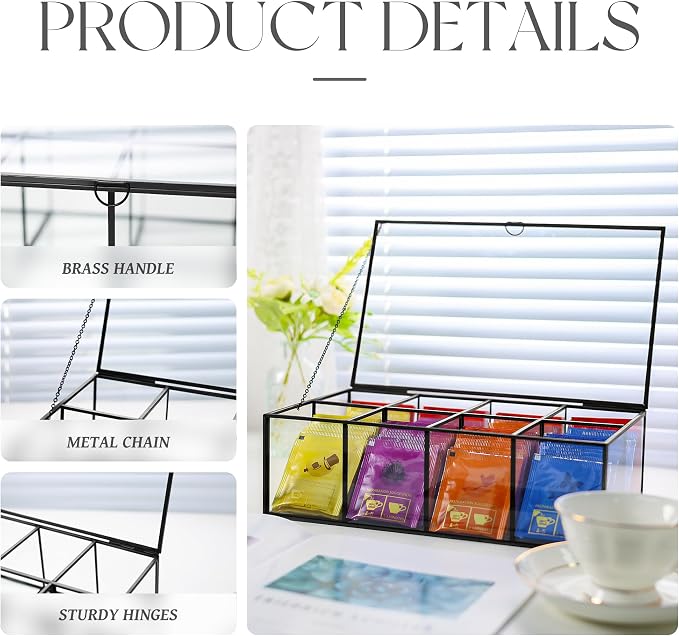 Glass Tea Bag Organizer with 8 Compartments, Handmade Large Tea Bag Storage Box - Image 5