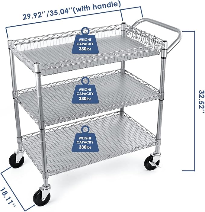 WDT Heavy Duty 3 Tier Utility Cart, 990Lbs Capacity Wire Rolling Cart - Image 4