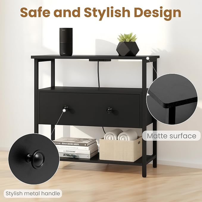 27 Inch Wide Night Stand with Charging Station, Wood Nightstand with Open Shelf - Image 6