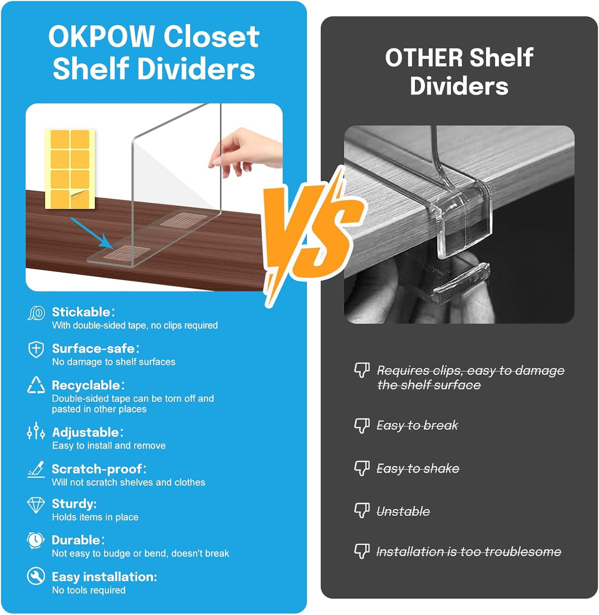 OKPOW Shelf Dividers Closet Organizer - 12" Tall X 11.8" Deep Acrylic