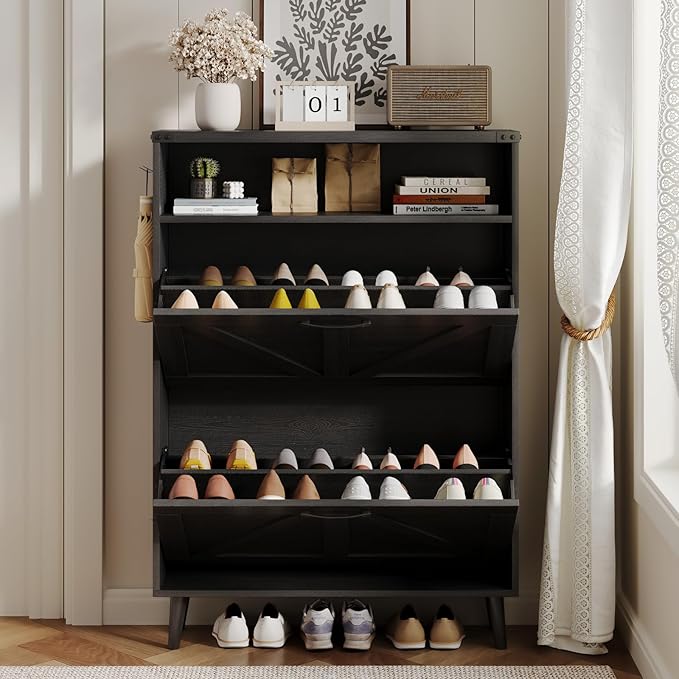 Shoe Cabinet with 2 Flip Drawers & Open Storage, Farmhouse Shoe Storage Cabinet - Image 4