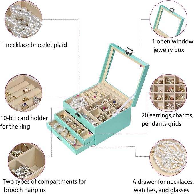 BOOVO Clear Lid Jewelry Box, 3 Layers Jewelry Organizer Large Multi-Functional - Image 6