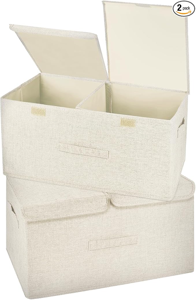 2 Pack Storage Boxes with Lids and Handles, Collapsible Linen Storage Bins by Unknown