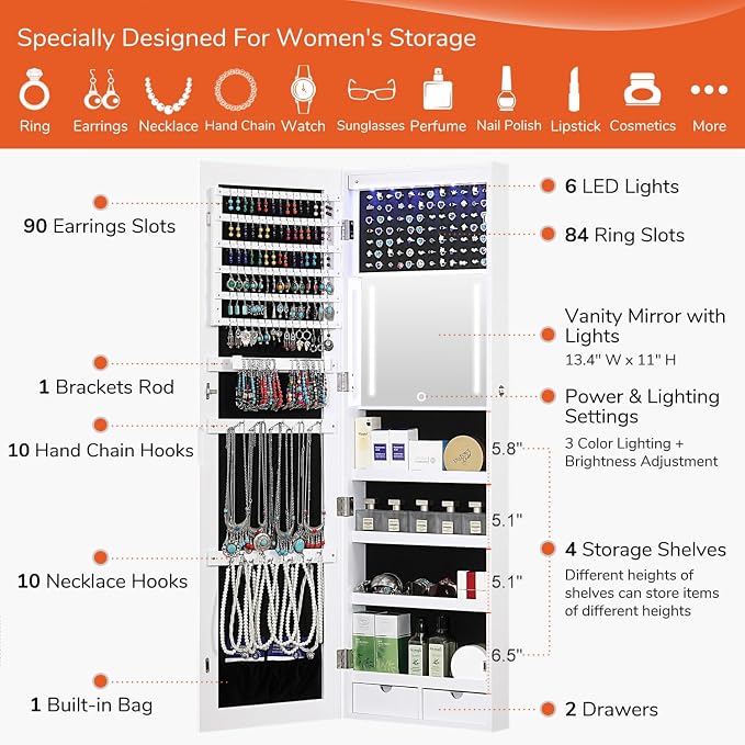 GISSAR Mirror Jewelry Cabinet, LED Wall Door Mount Full Length Jewelry Armoire - Image 4