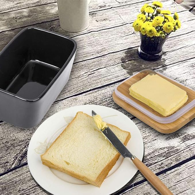 Butter Dish with Lid, Porcelain Keeper with Wood Lid Cover - Image 2