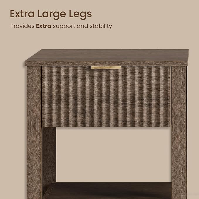 Fluted Night Stand with Golden Handle, Mid-Century Nightstands with Drawer - Image 6