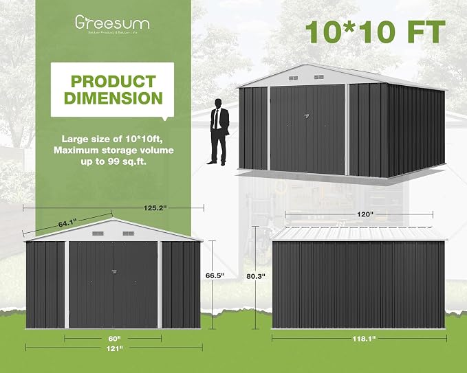 Greesum 10x10FT Outdoor Storage Shed, Utility Tool Shed Metal Storage Shed - Image 4