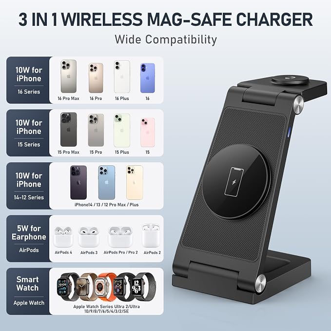 Magnetic Wireless Charger Stand, 3 in 1 Foldable Wireless Charging Station - Image 5