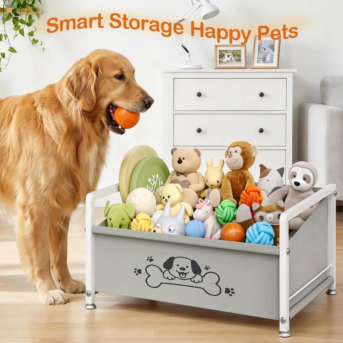 Dog Toy Box for Storage, Metal Frame Oxford Fabric Pet Toy Organizer
