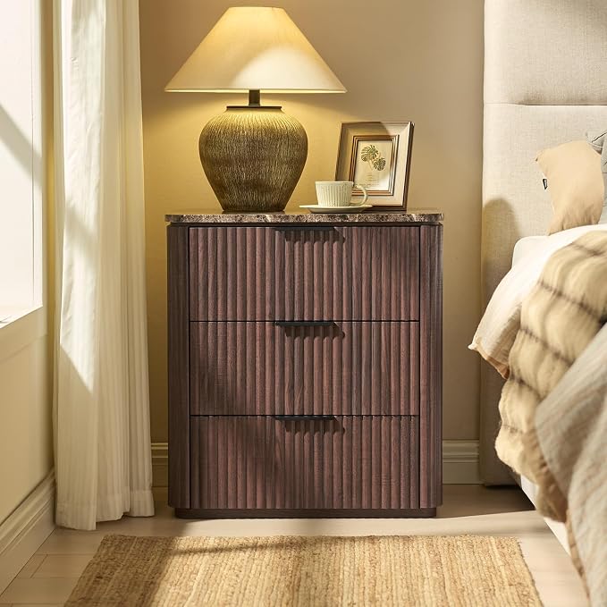 Fluted Nightstand with 3 Drawers, Engineered Wood Bedside Table with Faux - Image 7