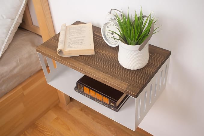 Floating Nightstand with White Metal Base, Wooden Top and Sturdy Metal Base - Image 2