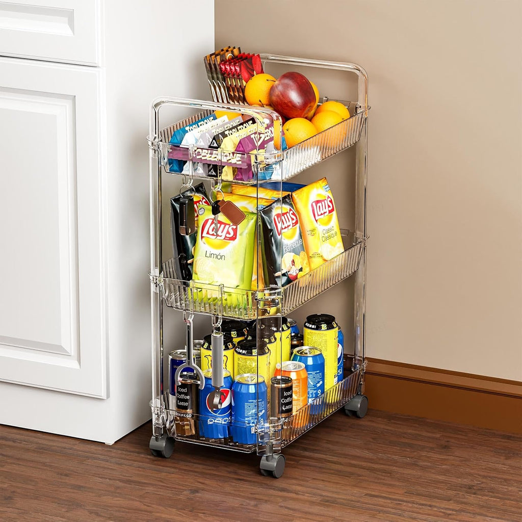 Clear 3 Tier Rolling Utility Cart with Wheels,Modern Bedside Cart for
