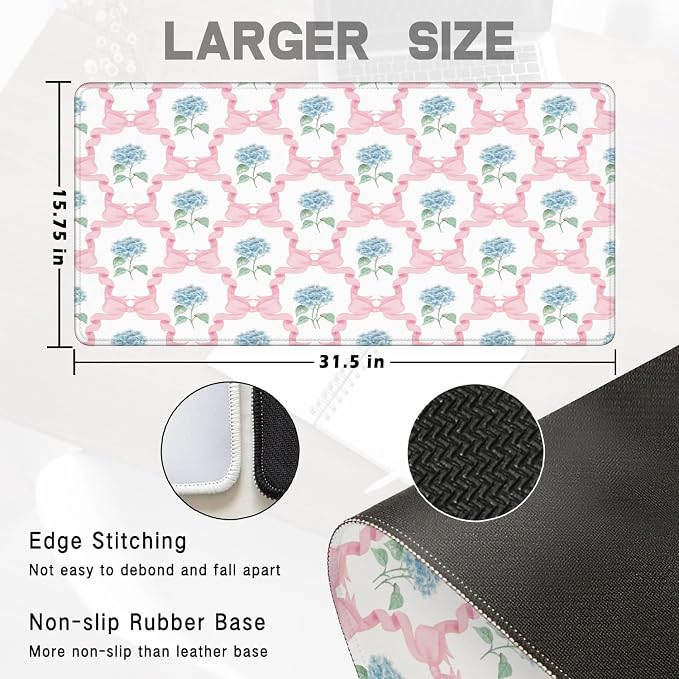 Blue Hydrangea Large Mouse Pad 31.5x15.7inch, Trendy Coquette Pink Bow Flower - Image 2