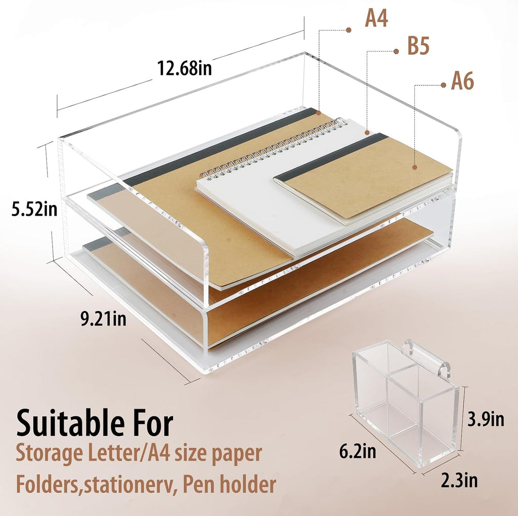 Acrylic Paper Tray Organizer for Desk, 2 Pack Clear with Pen Holder
