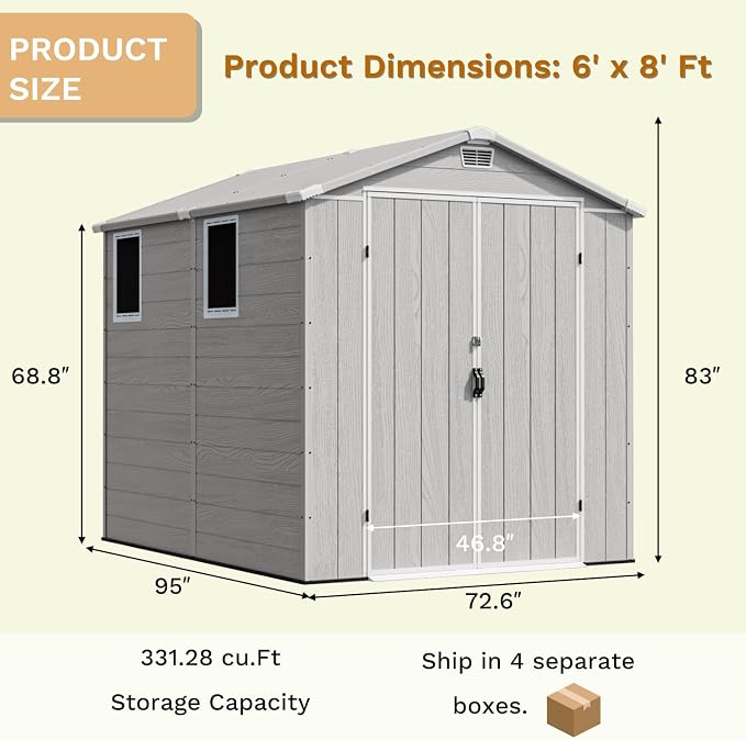 Devoko 6x8 FT Plastic Storage Shed, Outdoor Resin Garden Shed - Image 3