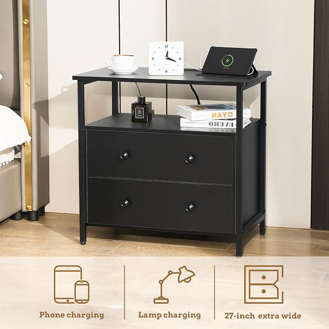 27 inch Wide Night Stand with Charging Station, Bedside Table with Open Shelf - Image 4