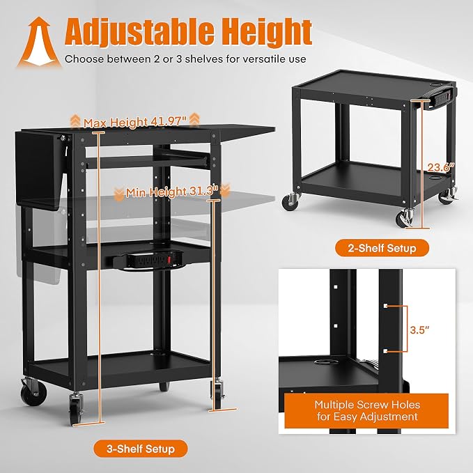 All-Steel Rolling AV Cart with Adjustable Height & Built-in Power – Heavy-Duty - Image 6